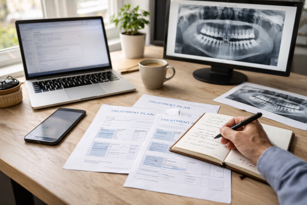 Dental treatment planning documents and X-rays prepared before travel to Albania