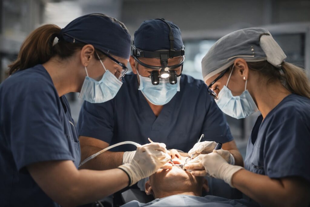 Dental team reviewing a patient case before dental treatment in Albania