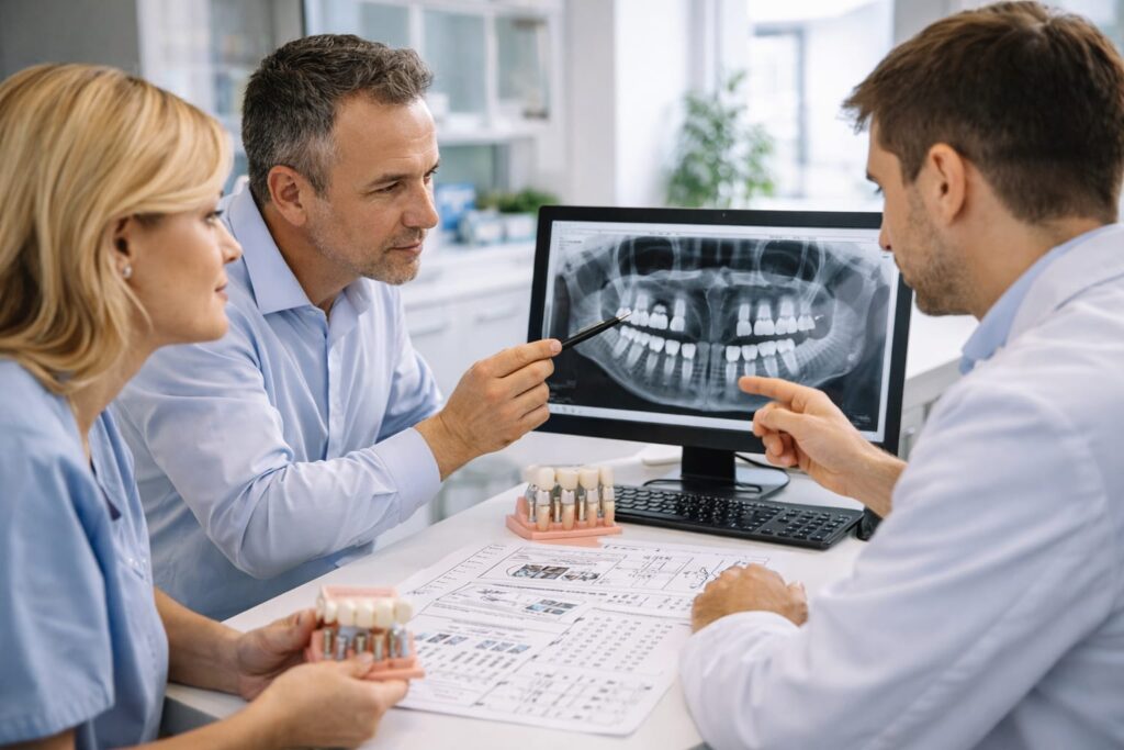 Patient and treatment coordinator reviewing clinic options in a modern dental setting in Albania