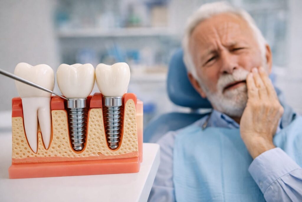Dental implant model showing how implants replace missing tooth roots in the jaw
