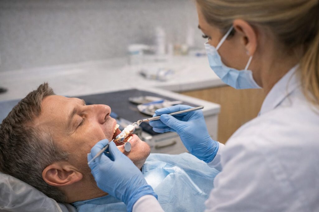 Final dental restoration being placed after implant healing in a modern clinic