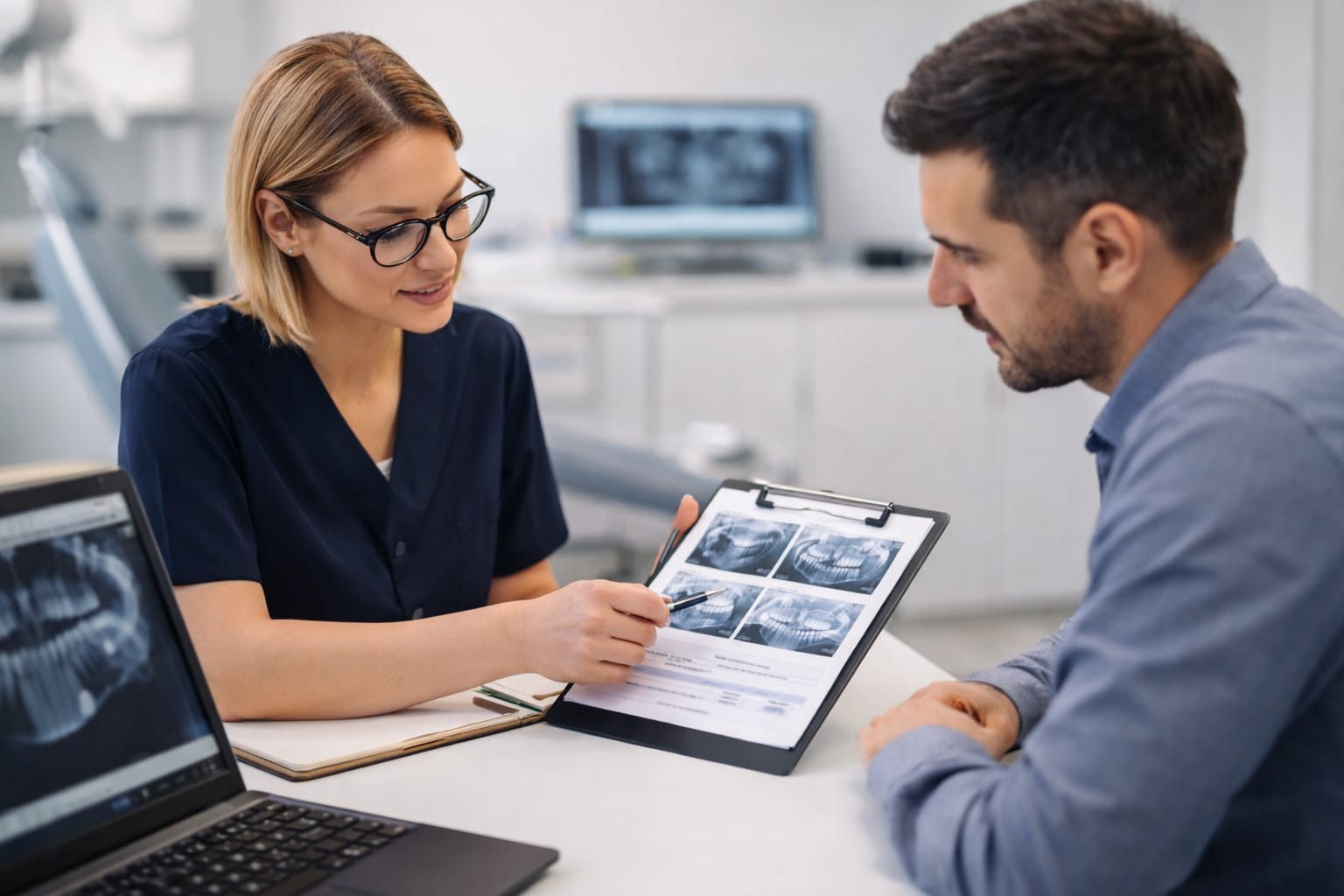 Dental coordinator explaining treatment details to a patient in a modern clinic in Albania