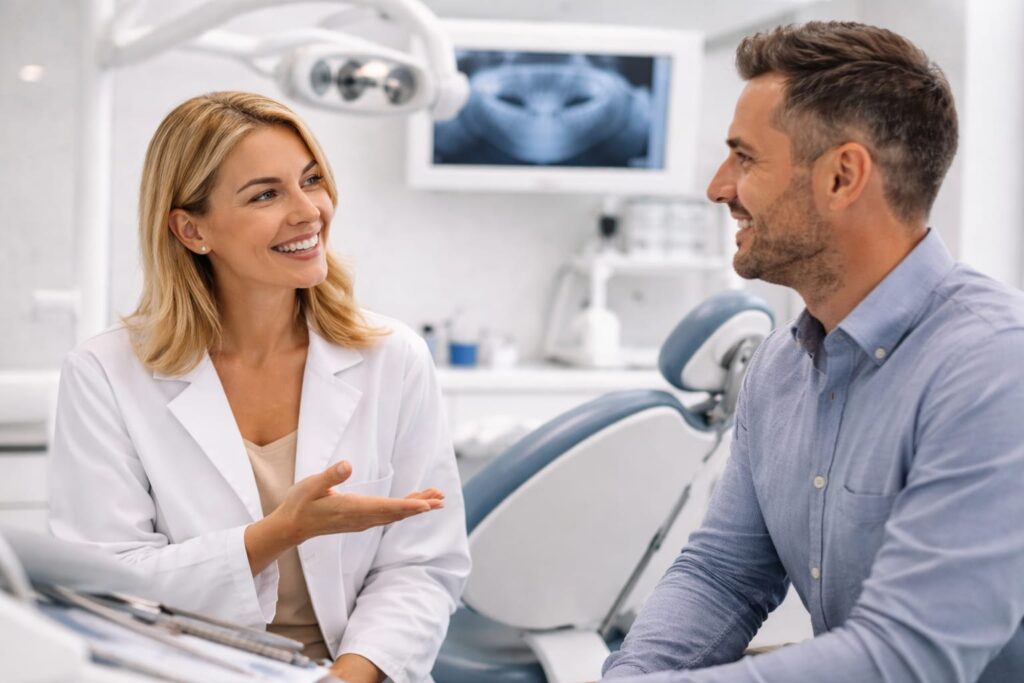 Patient speaking with a dental coordinator in a modern clinic before treatment in Albania