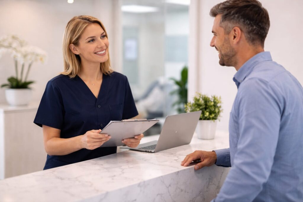 Patient coordinator welcoming a patient at the reception desk of a modern dental clinic in Albania