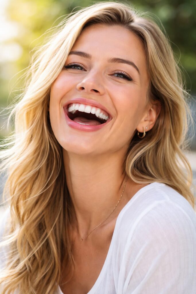 Woman smiling with bright teeth representing confidence and final smile outcome after treatment