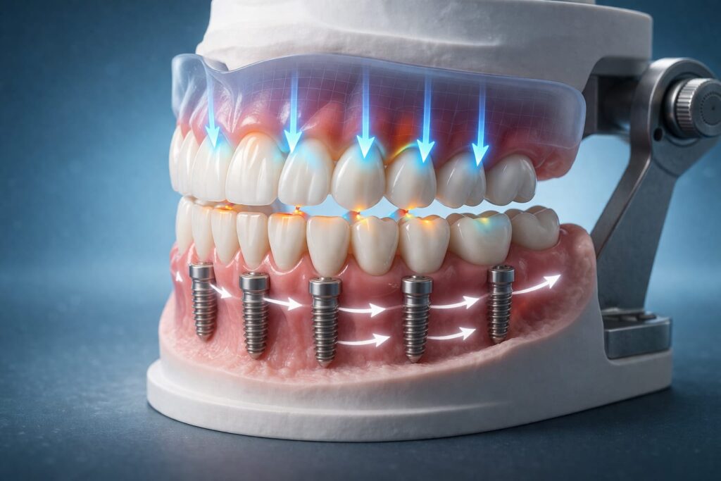 Full-arch dental model showing bite contact and force distribution across implant-supported restoration