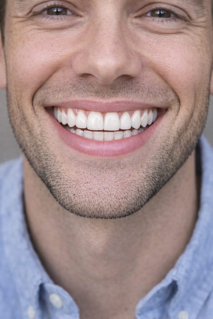 Man with a balanced smile line and even teeth alignment representing smile and bridge design in full-arch treatment