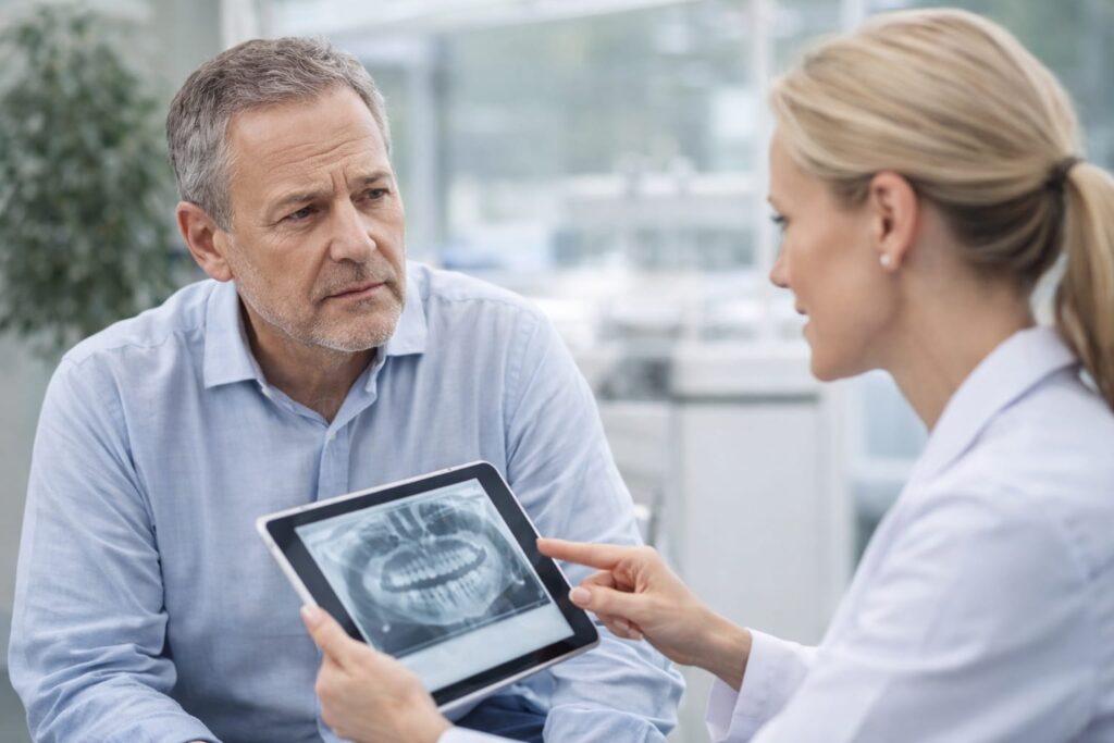 Dentist showing a dental scan to a patient during an implant treatment consultation in a modern clinic.