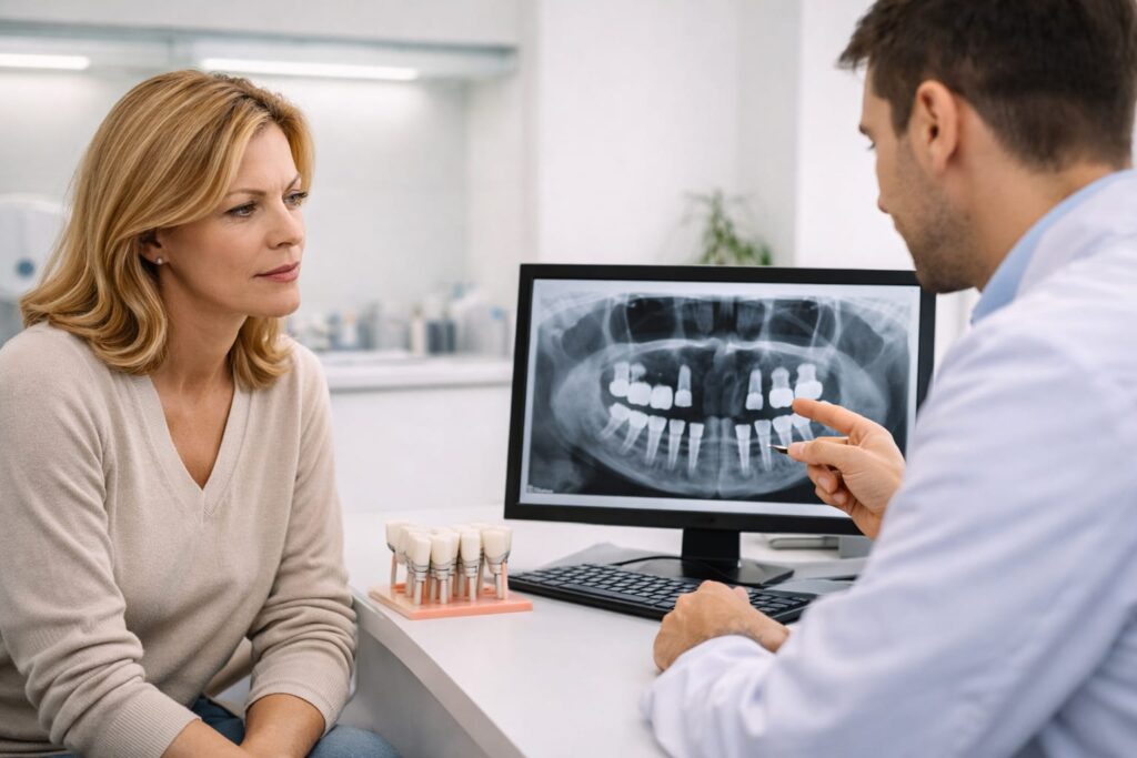 Dentist placing a dental implant during a carefully planned implant treatment procedure in a modern clinic in Albania.