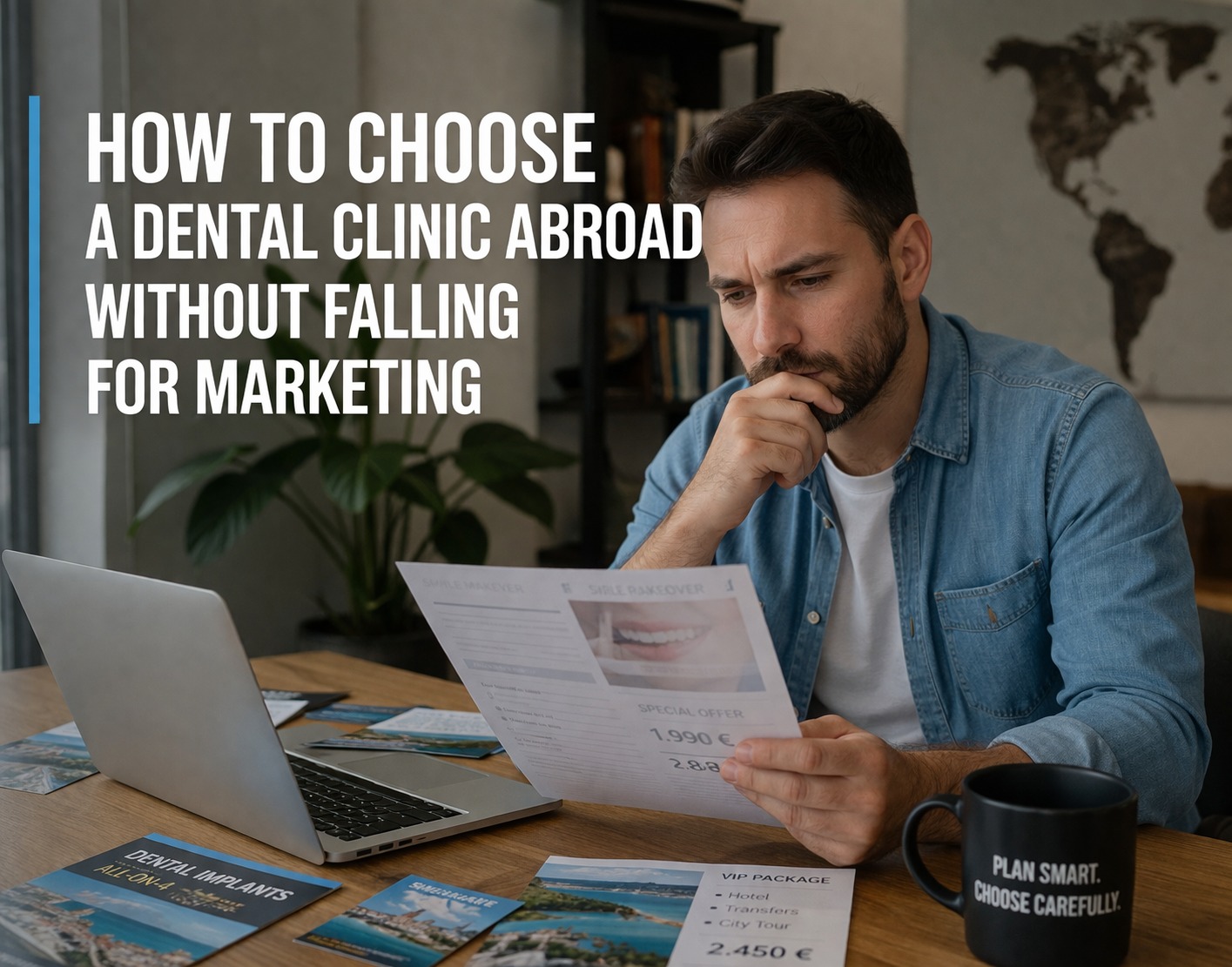 Man reviewing dental treatment documents and clinic options abroad before choosing a dental clinic