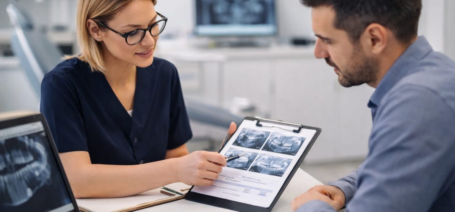 Dental coordinator explaining treatment details to a patient in a modern clinic in Albania