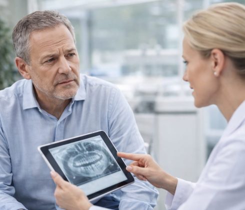 Dentist showing a dental scan to a patient during an implant treatment consultation in a modern clinic.